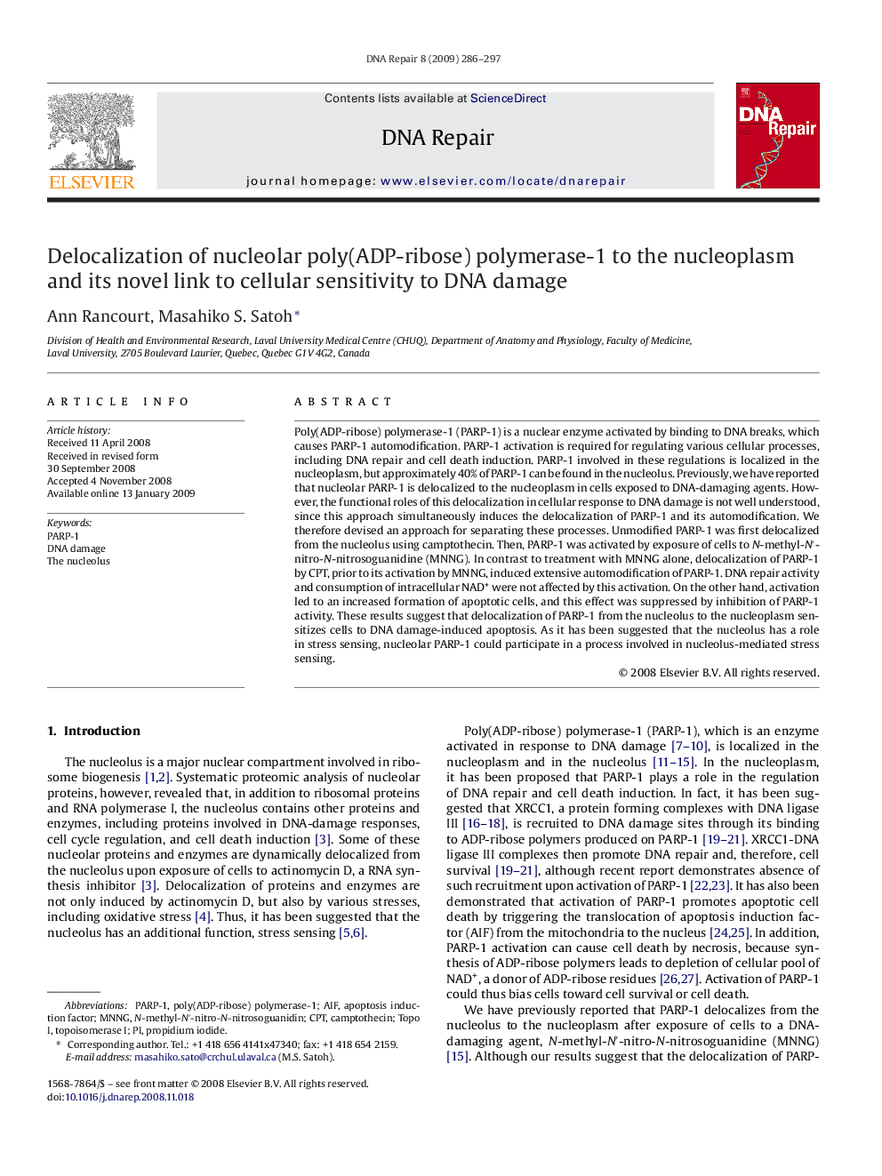 Delocalization of nucleolar poly(ADP-ribose) polymerase-1 to the nucleoplasm and its novel link to cellular sensitivity to DNA damage