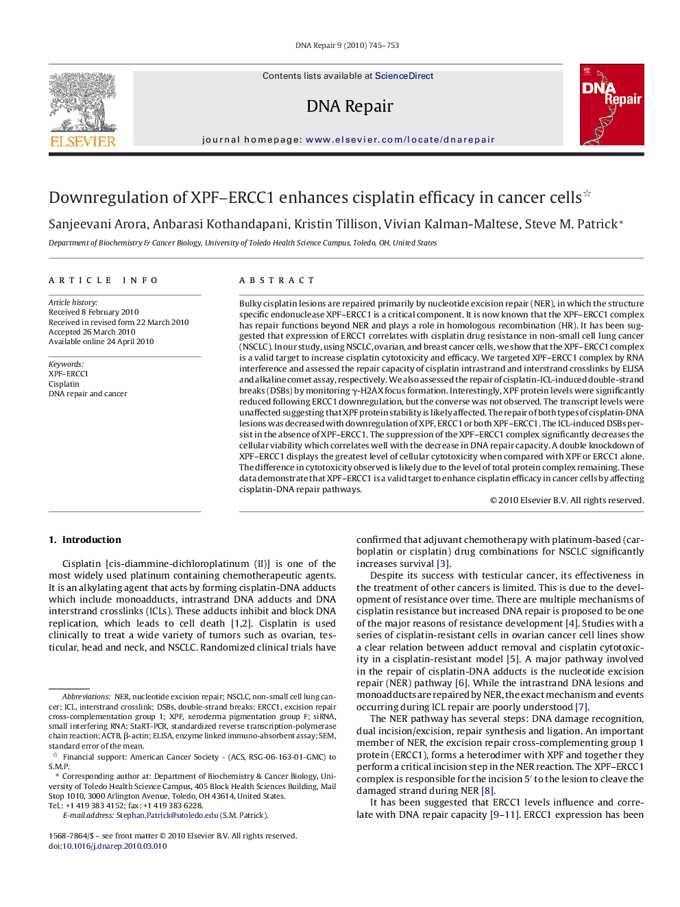 Downregulation of XPF–ERCC1 enhances cisplatin efficacy in cancer cells 