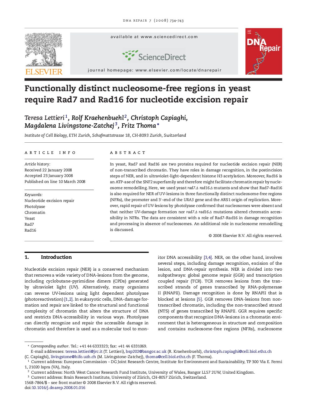 عکس صفحه اول مقاله: Functionally distinct nucleosome-free regions in yeast require Rad7 and Rad16 for nucleotide excision repair Functionally distinct nucleosome-free regions in yeast require Rad7 and Rad16 for nucleotide excision repair