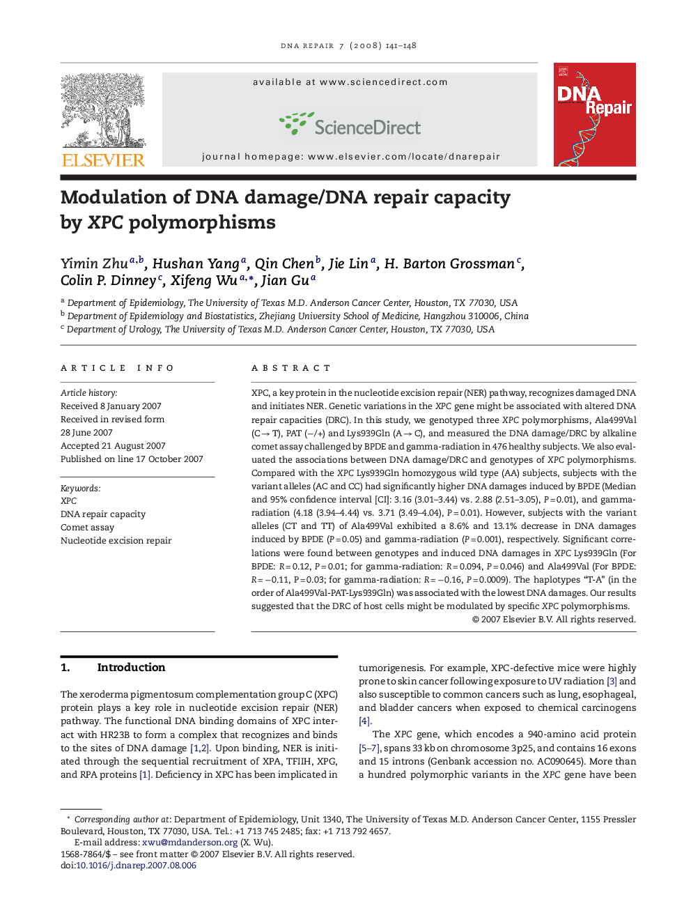 Modulation of DNA damage/DNA repair capacity by XPC polymorphisms