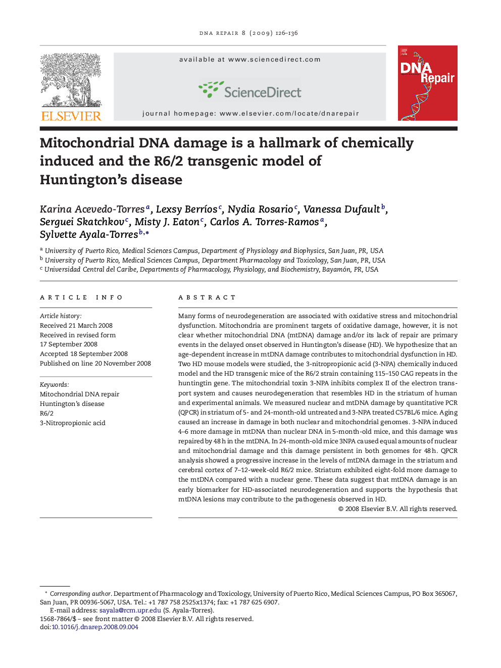 Mitochondrial DNA damage is a hallmark of chemically induced and the R6/2 transgenic model of Huntington's disease