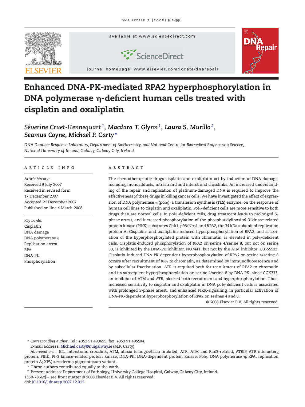 Enhanced DNA-PK-mediated RPA2 hyperphosphorylation in DNA polymerase Î·-deficient human cells treated with cisplatin and oxaliplatin