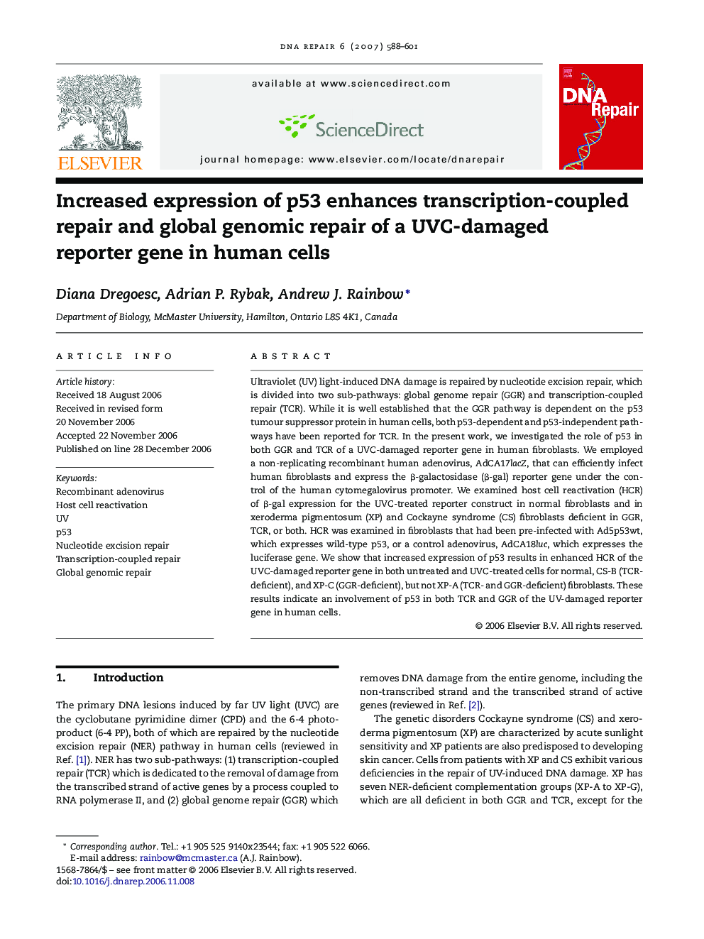 Increased expression of p53 enhances transcription-coupled repair and global genomic repair of a UVC-damaged reporter gene in human cells