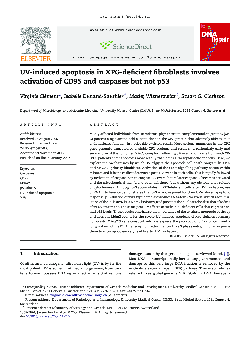 UV-induced apoptosis in XPG-deficient fibroblasts involves activation of CD95 and caspases but not p53