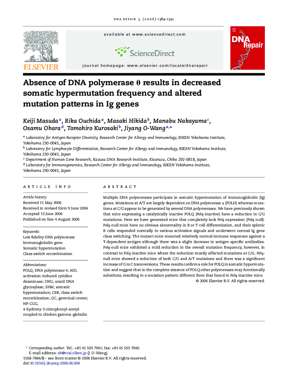 Absence of DNA polymerase θ results in decreased somatic hypermutation frequency and altered mutation patterns in Ig genes