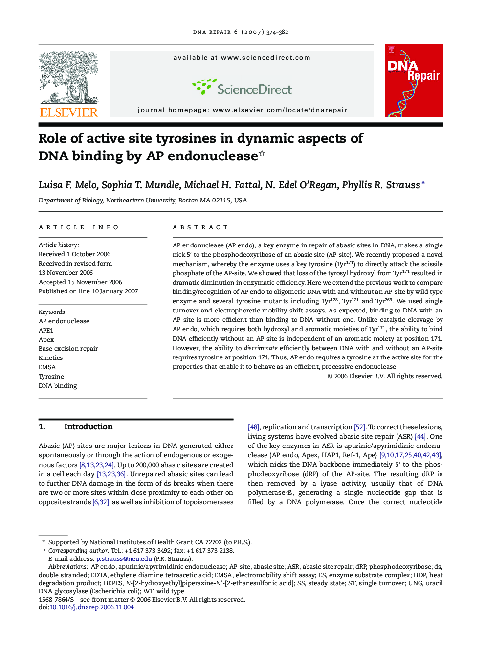 Role of active site tyrosines in dynamic aspects of DNA binding by AP endonuclease 