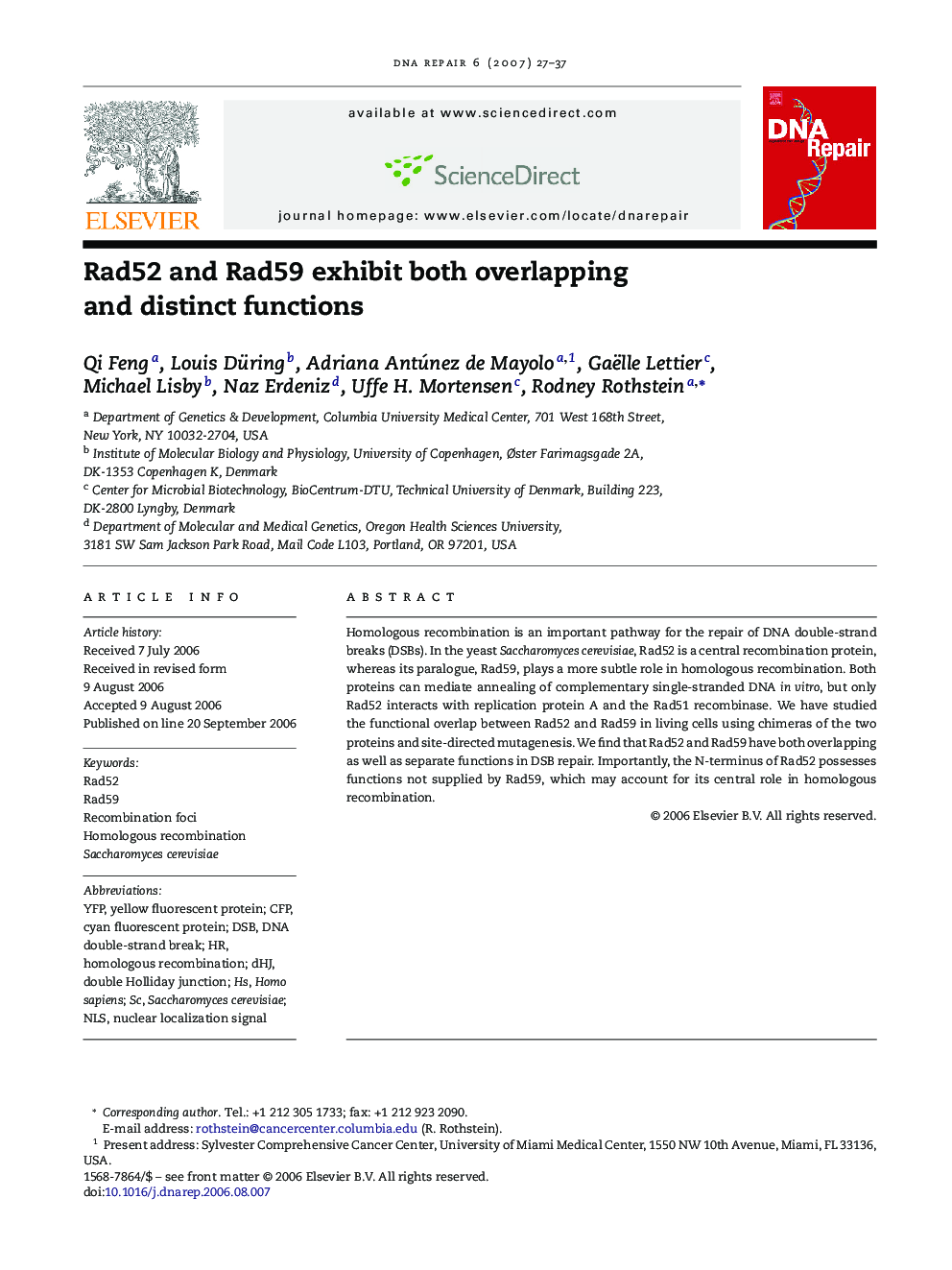 Rad52 and Rad59 exhibit both overlapping and distinct functions