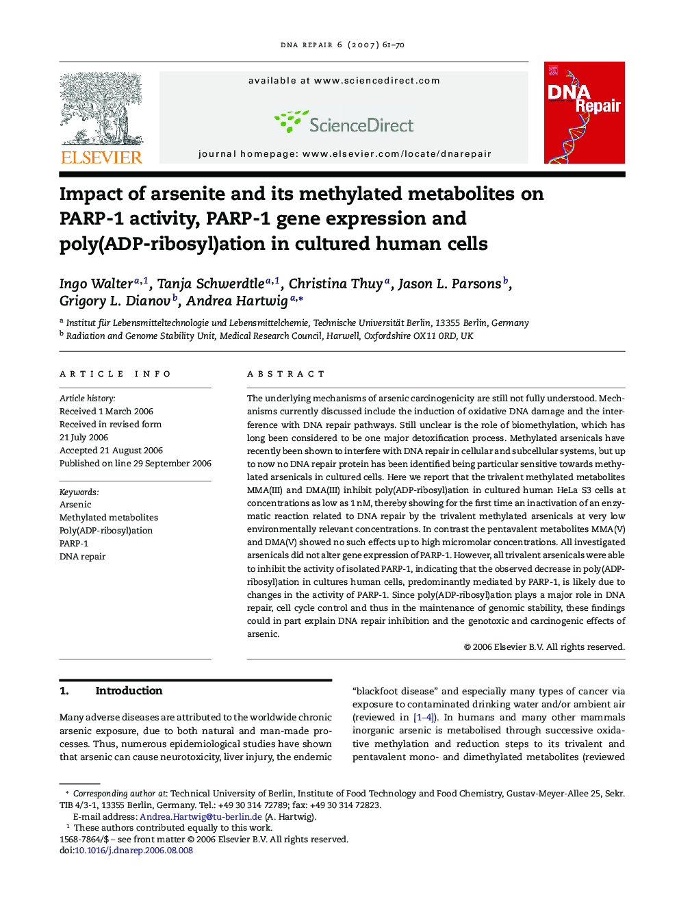 Impact of arsenite and its methylated metabolites on PARP-1 activity, PARP-1 gene expression and poly(ADP-ribosyl)ation in cultured human cells