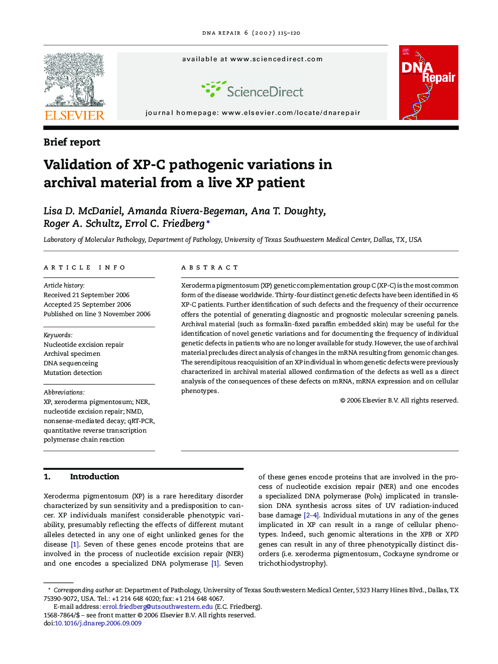 Validation of XP-C pathogenic variations in archival material from a live XP patient