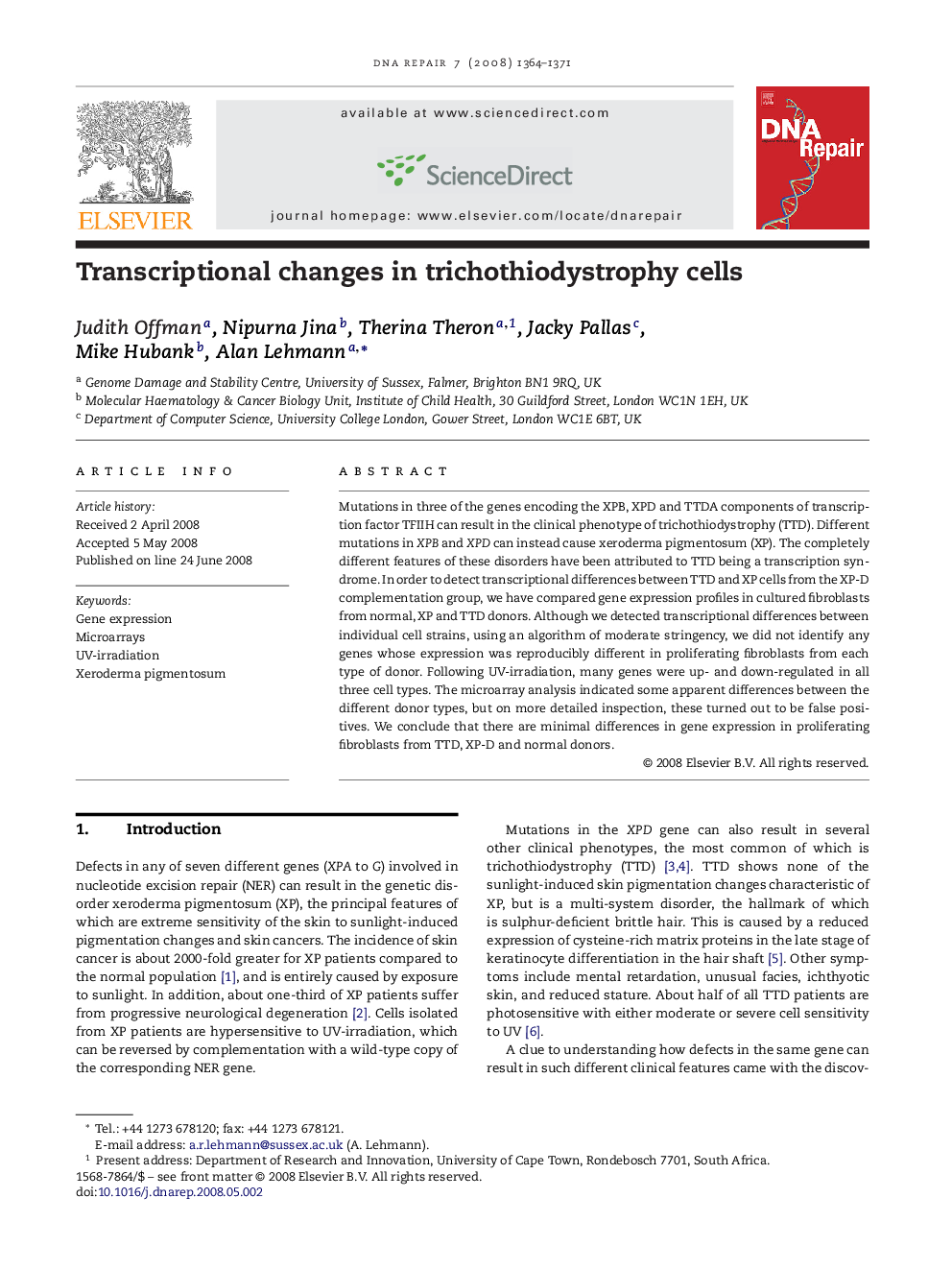 Transcriptional changes in trichothiodystrophy cells