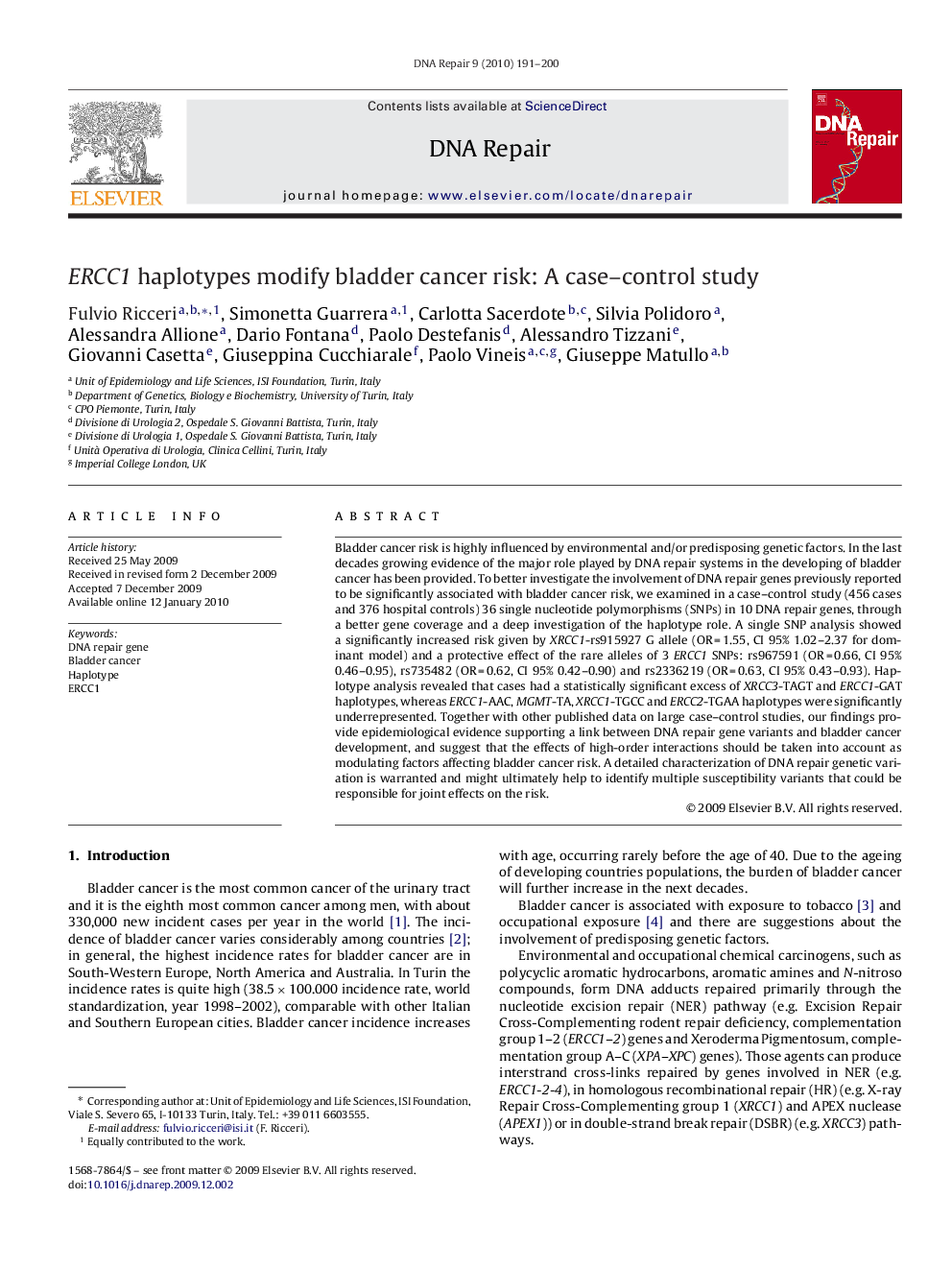 ERCC1 haplotypes modify bladder cancer risk: A case–control study