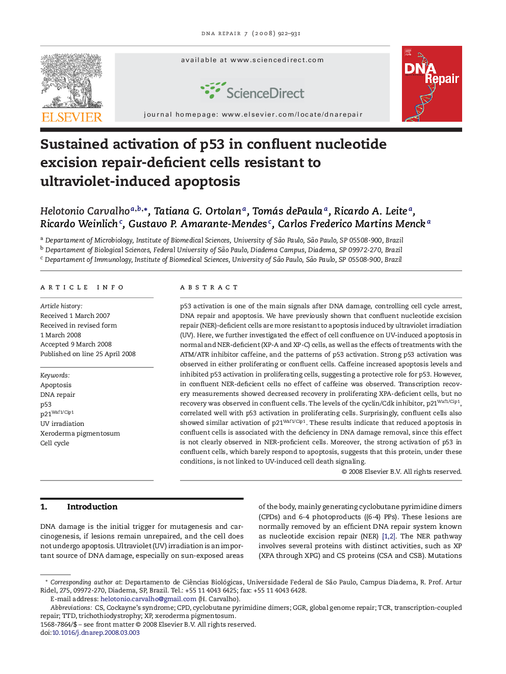 Sustained activation of p53 in confluent nucleotide excision repair-deficient cells resistant to ultraviolet-induced apoptosis