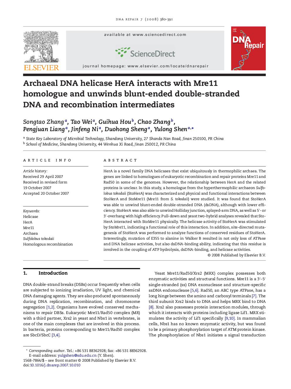 Archaeal DNA helicase HerA interacts with Mre11 homologue and unwinds blunt-ended double-stranded DNA and recombination intermediates