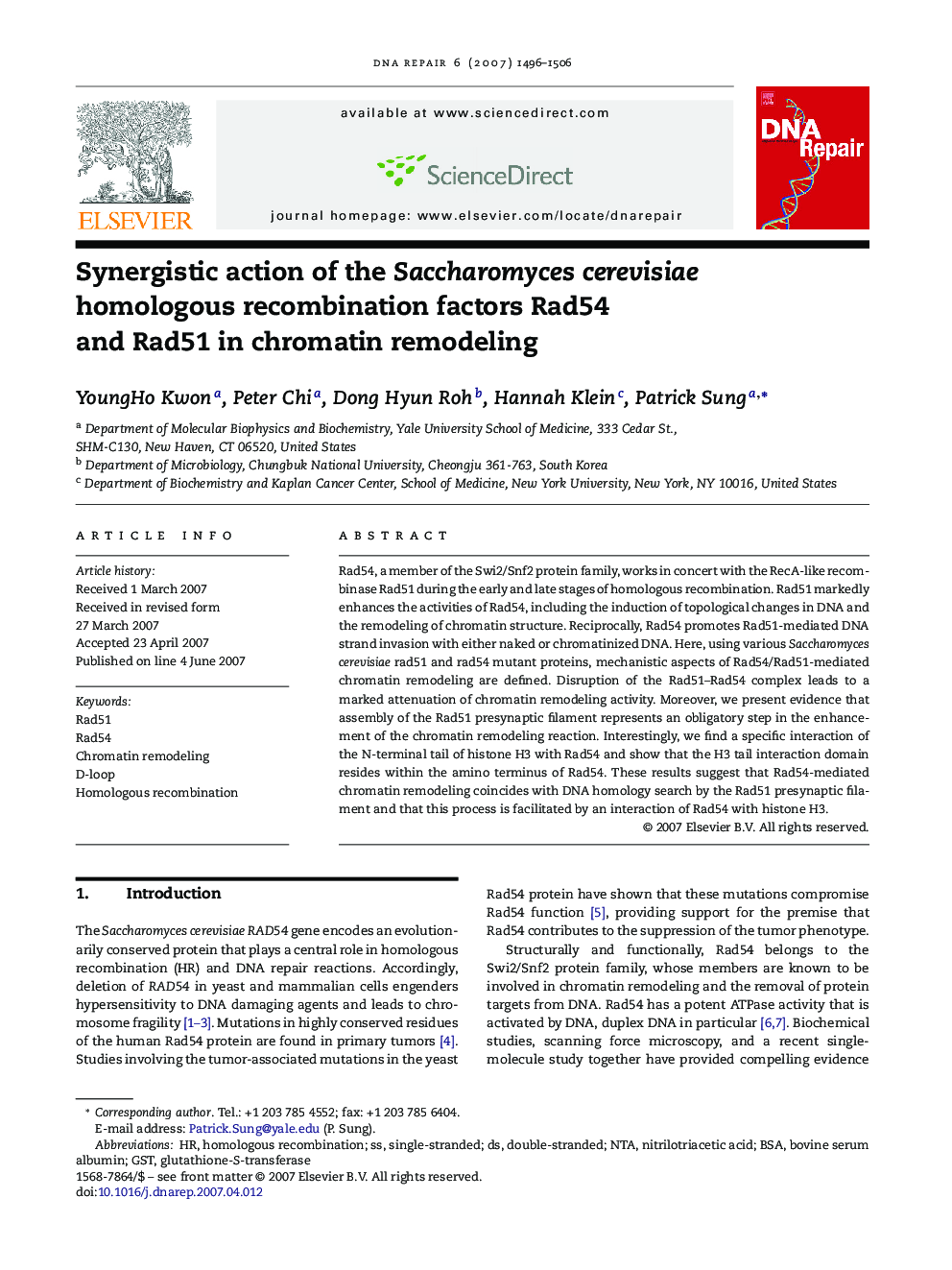 Synergistic action of the Saccharomyces cerevisiae homologous recombination factors Rad54 and Rad51 in chromatin remodeling