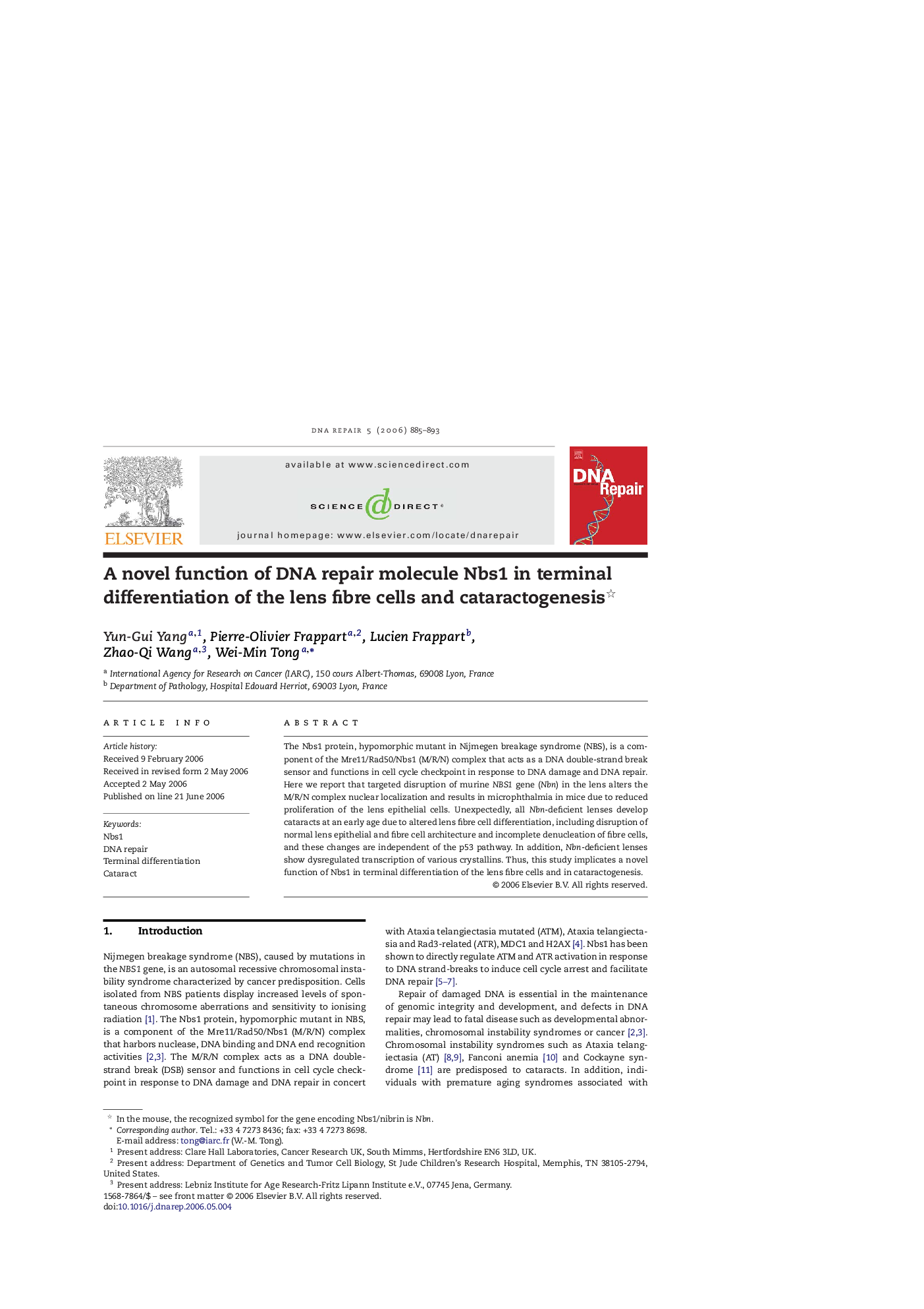 A novel function of DNA repair molecule Nbs1 in terminal differentiation of the lens fibre cells and cataractogenesis 