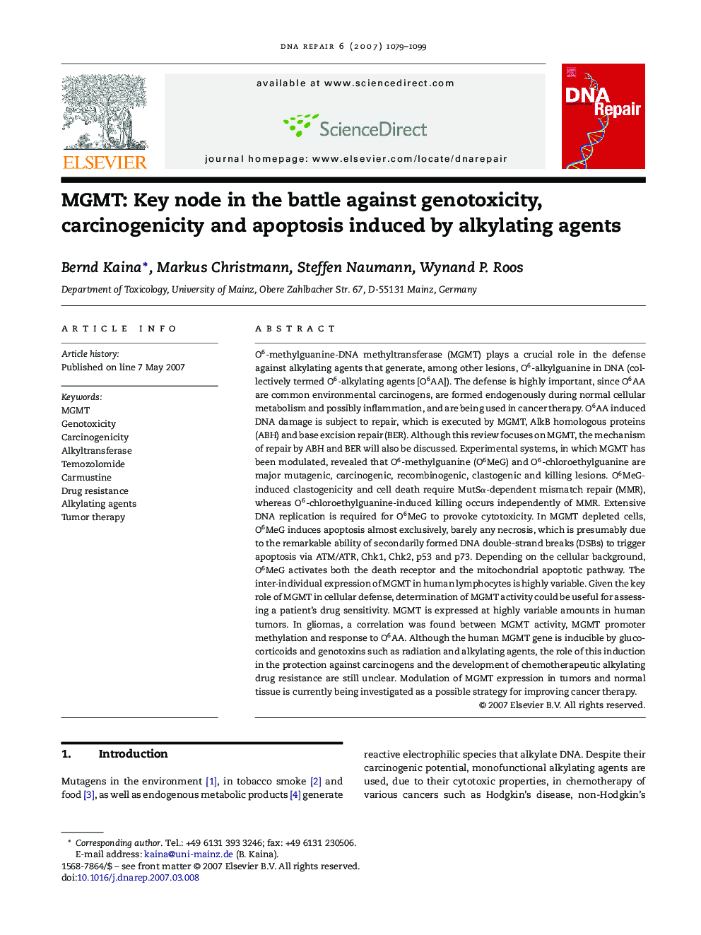 MGMT: Key node in the battle against genotoxicity, carcinogenicity and apoptosis induced by alkylating agents