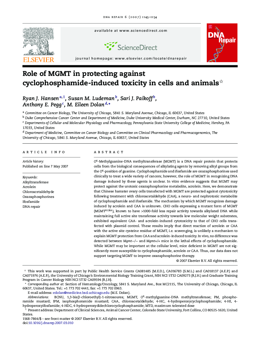 Role of MGMT in protecting against cyclophosphamide-induced toxicity in cells and animals 