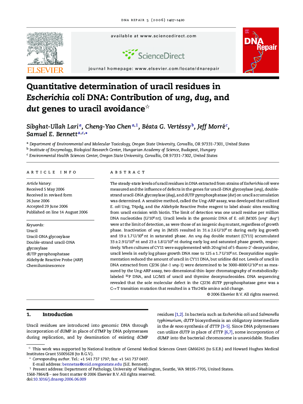 Quantitative determination of uracil residues in Escherichia coli DNA: Contribution of ung, dug, and dut genes to uracil avoidance 