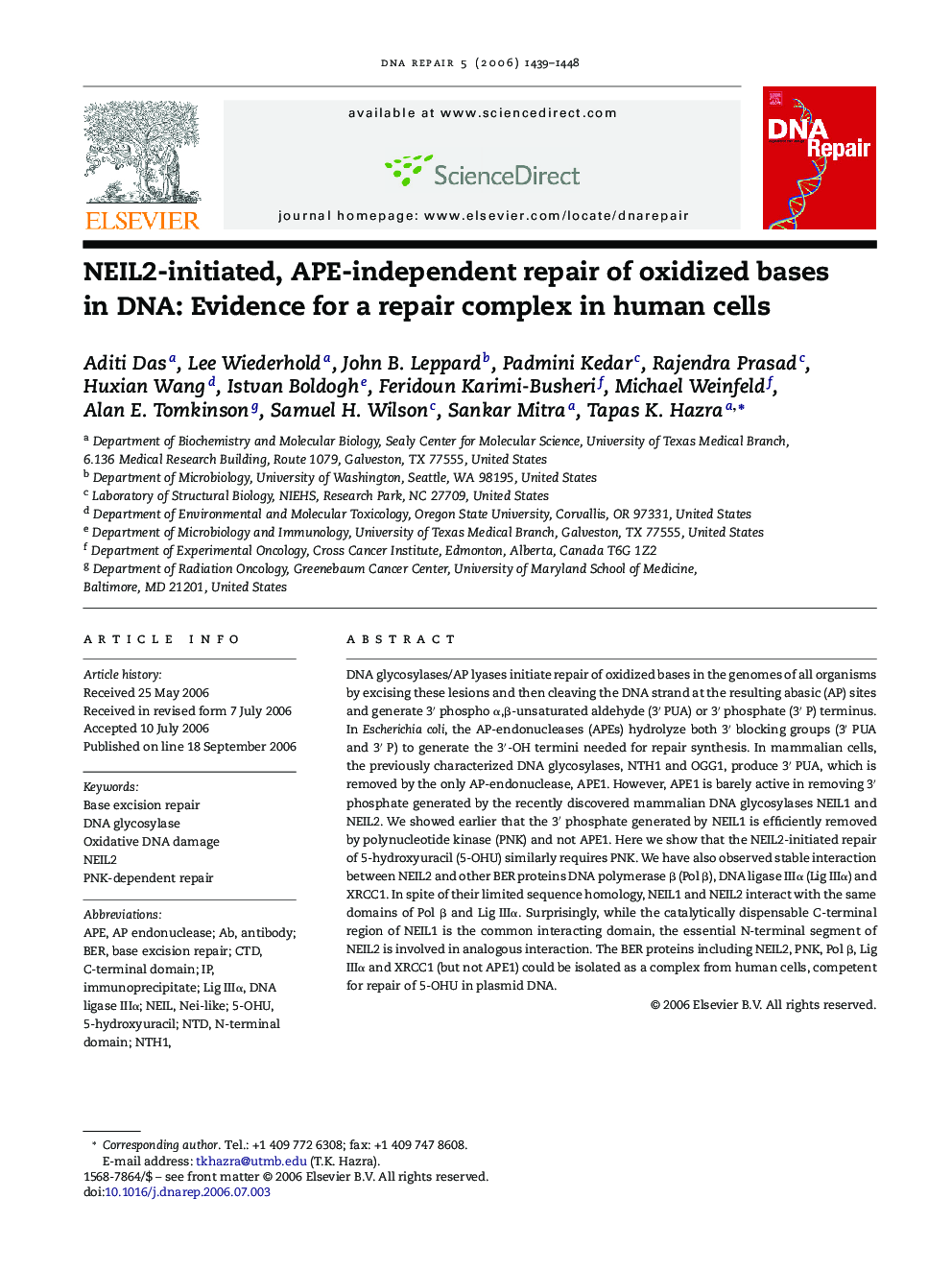 NEIL2-initiated, APE-independent repair of oxidized bases in DNA: Evidence for a repair complex in human cells