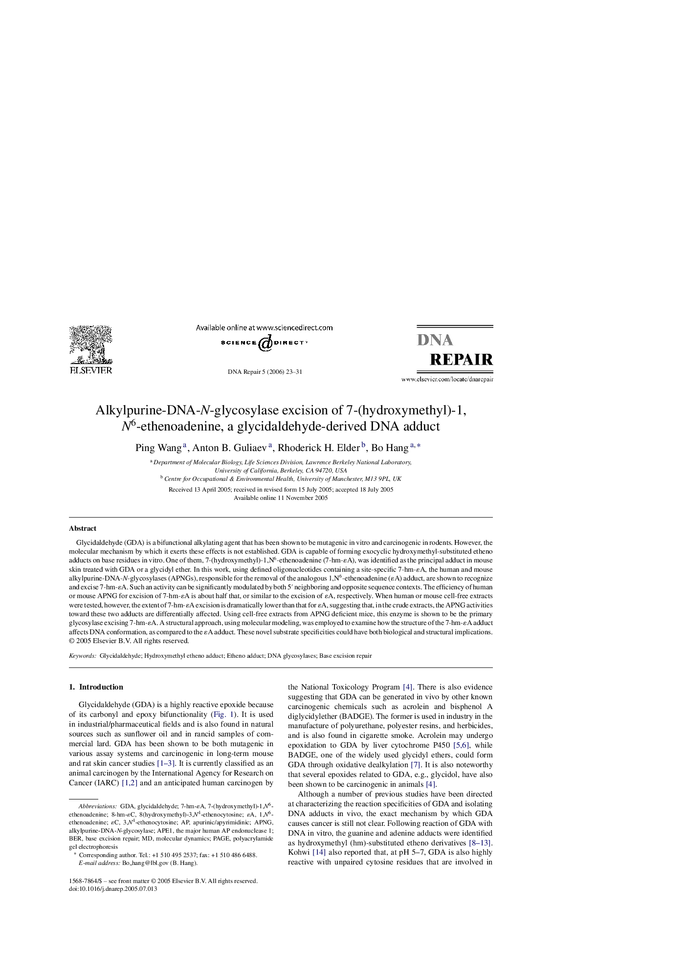 Alkylpurine-DNA-N-glycosylase excision of 7-(hydroxymethyl)-1,N6-ethenoadenine, a glycidaldehyde-derived DNA adduct