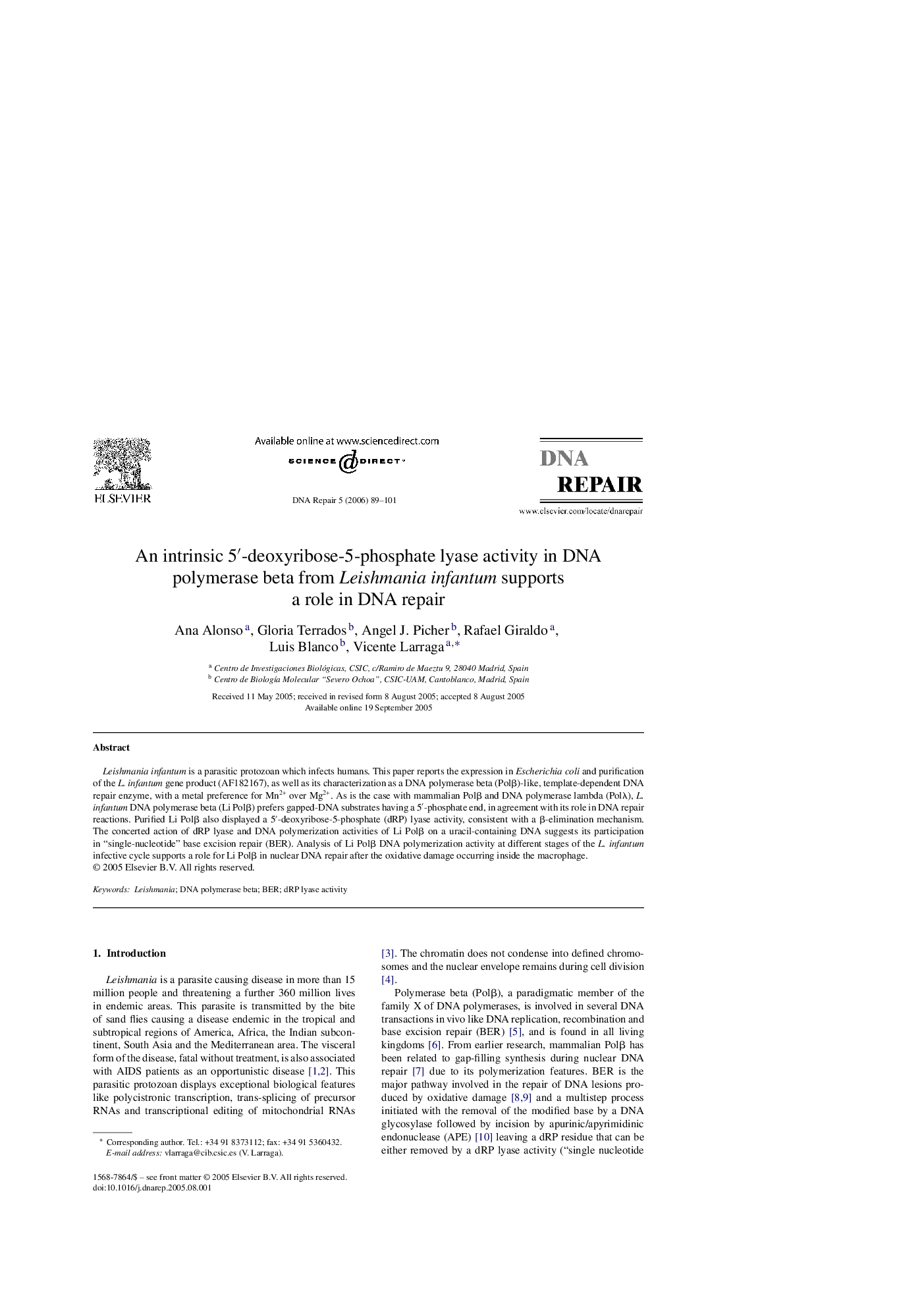 An intrinsic 5′-deoxyribose-5-phosphate lyase activity in DNA polymerase beta from Leishmania infantum supports a role in DNA repair