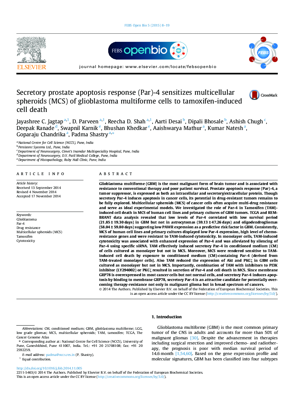 Secretory prostate apoptosis response (Par)-4 sensitizes multicellular spheroids (MCS) of glioblastoma multiforme cells to tamoxifen-induced cell death