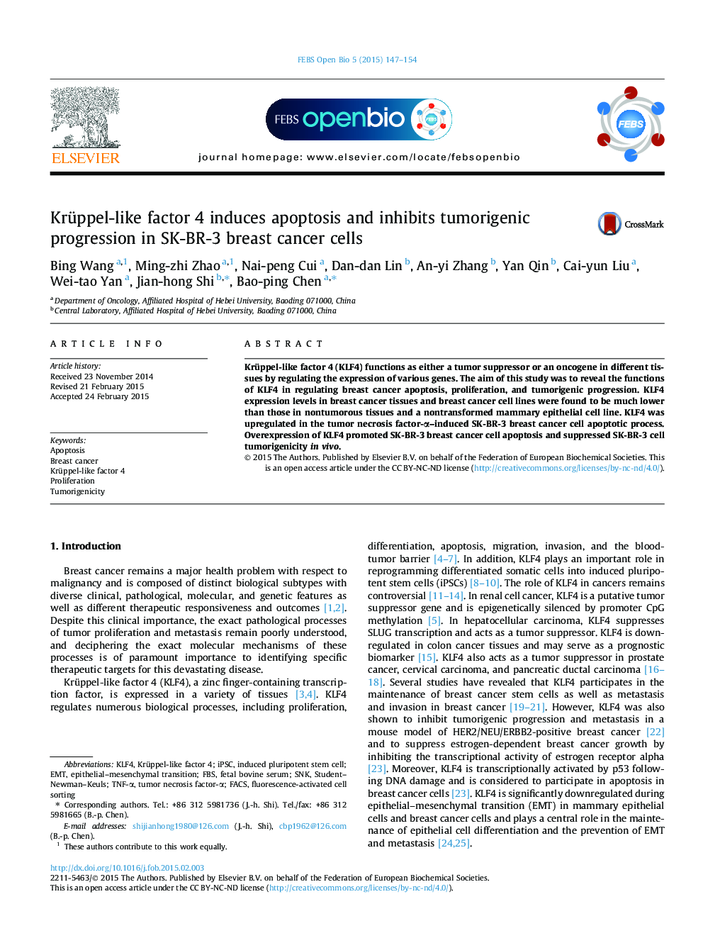 Krüppel-like factor 4 induces apoptosis and inhibits tumorigenic progression in SK-BR-3 breast cancer cells