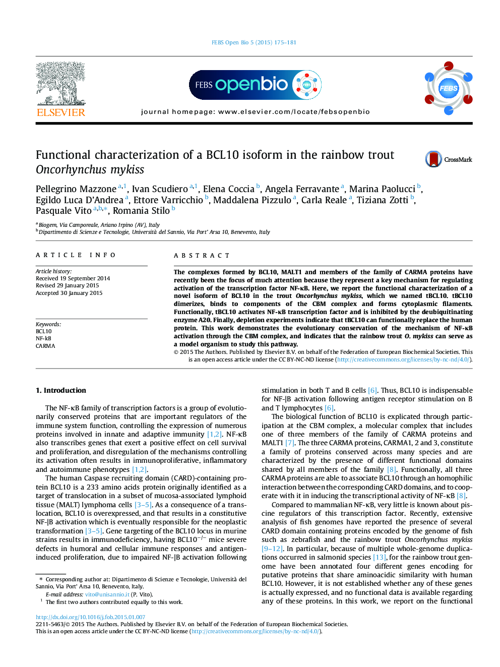 Functional characterization of a BCL10 isoform in the rainbow trout Oncorhynchus mykiss