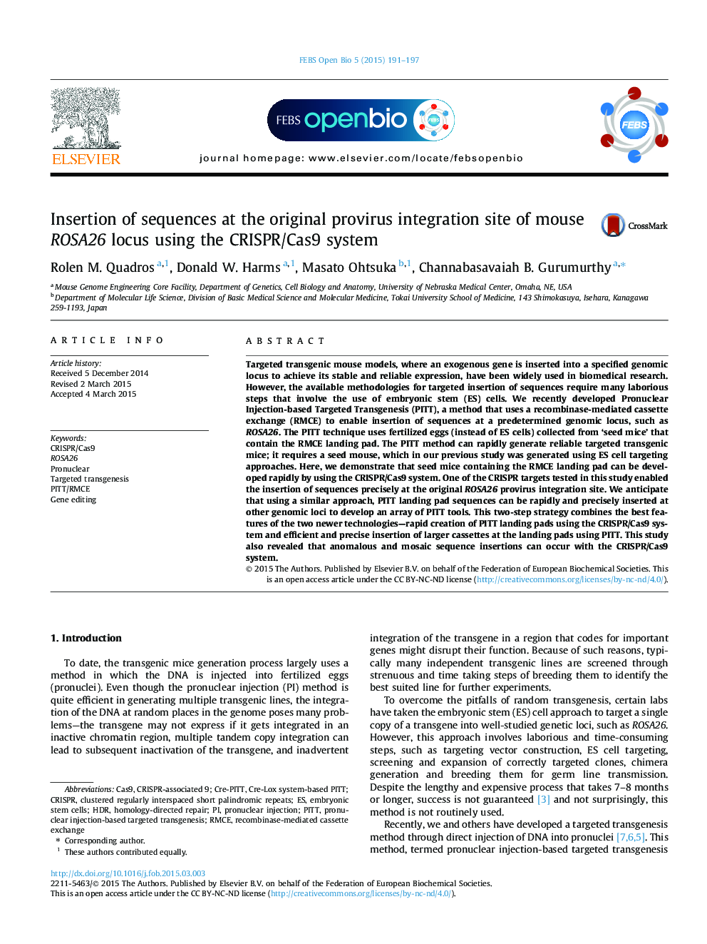 Insertion of sequences at the original provirus integration site of mouse ROSA26 locus using the CRISPR/Cas9 system