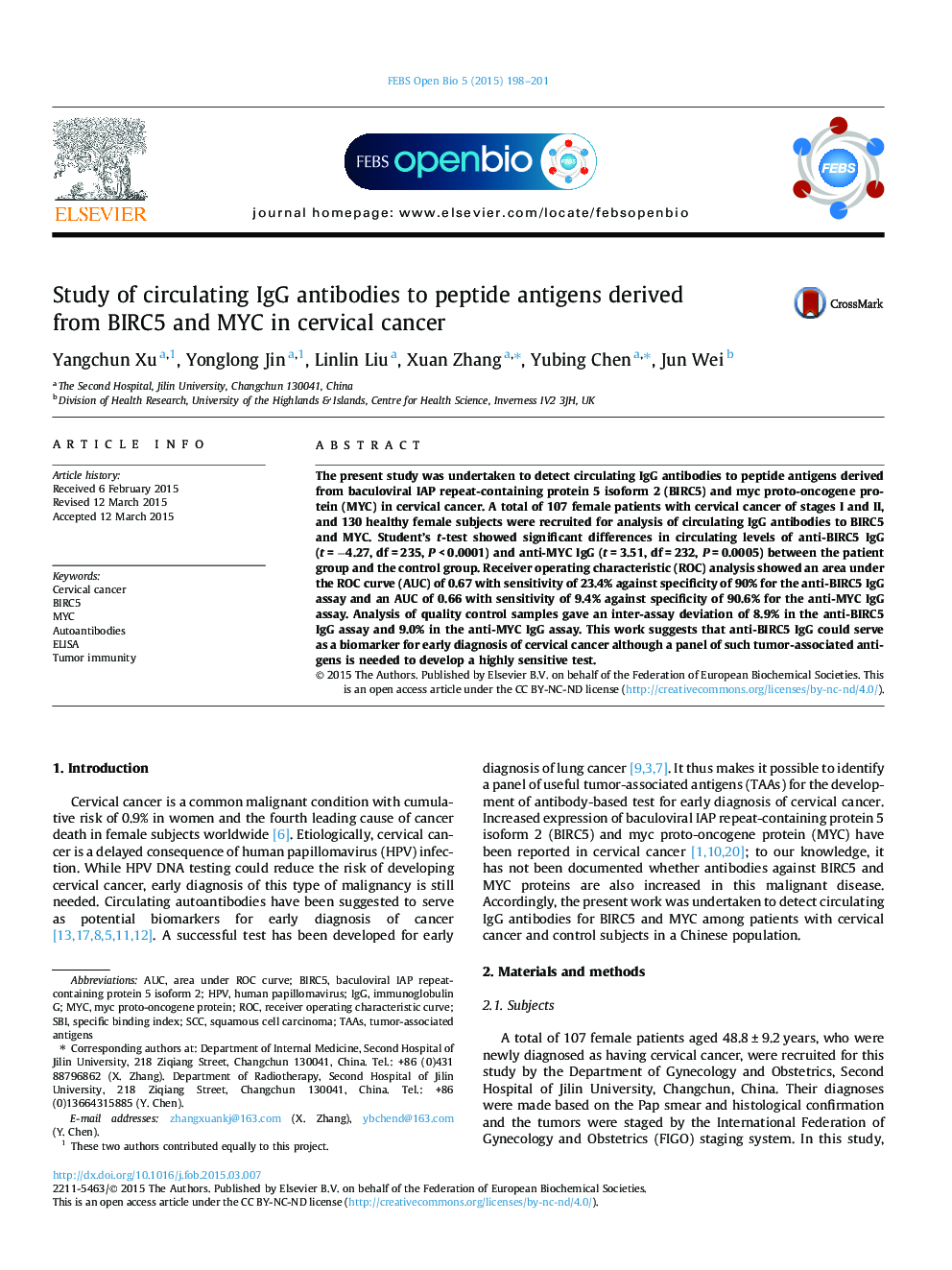 Study of circulating IgG antibodies to peptide antigens derived from BIRC5 and MYC in cervical cancer