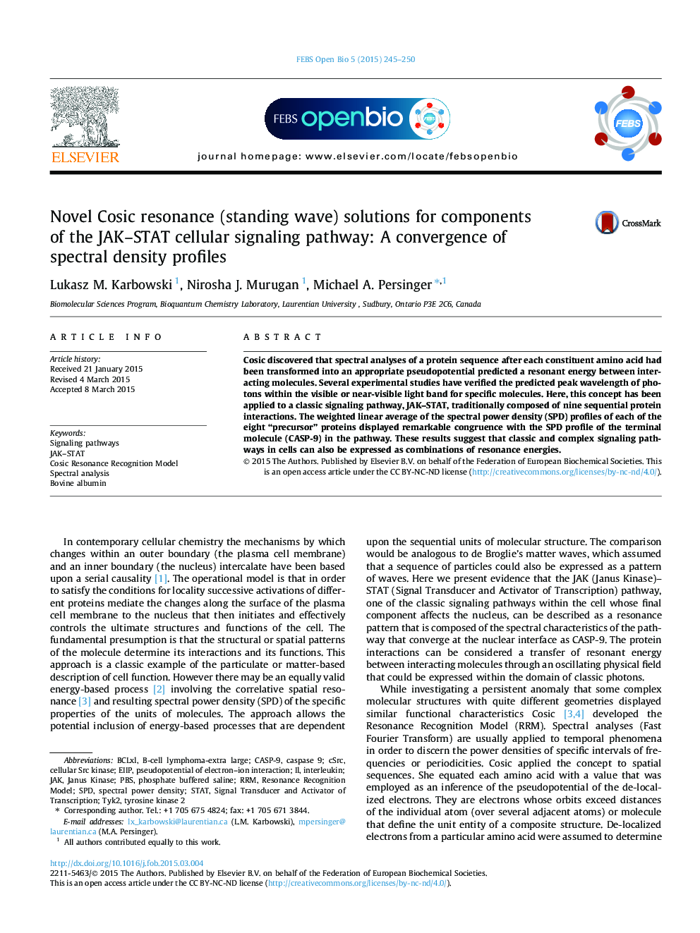 Novel Cosic resonance (standing wave) solutions for components of the JAK–STAT cellular signaling pathway: A convergence of spectral density profiles