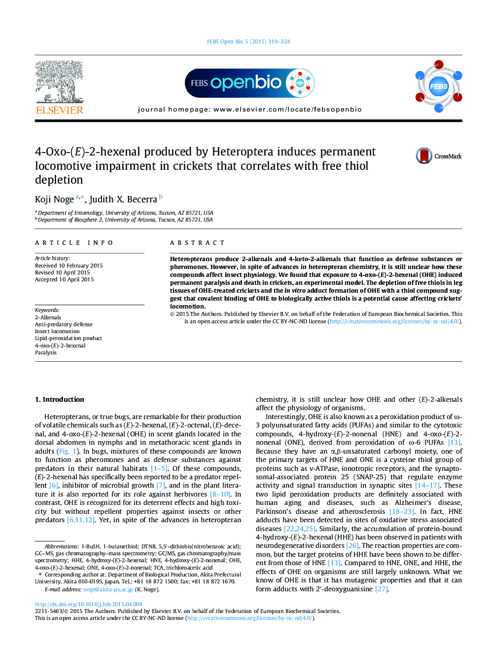 4-Oxo-(E)-2-hexenal produced by Heteroptera induces permanent locomotive impairment in crickets that correlates with free thiol depletion