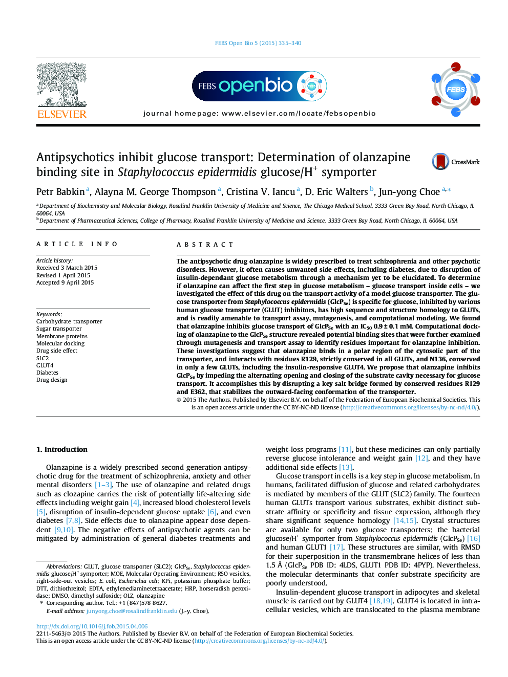 Antipsychotics inhibit glucose transport: Determination of olanzapine binding site in Staphylococcus epidermidis glucose/H+ symporter