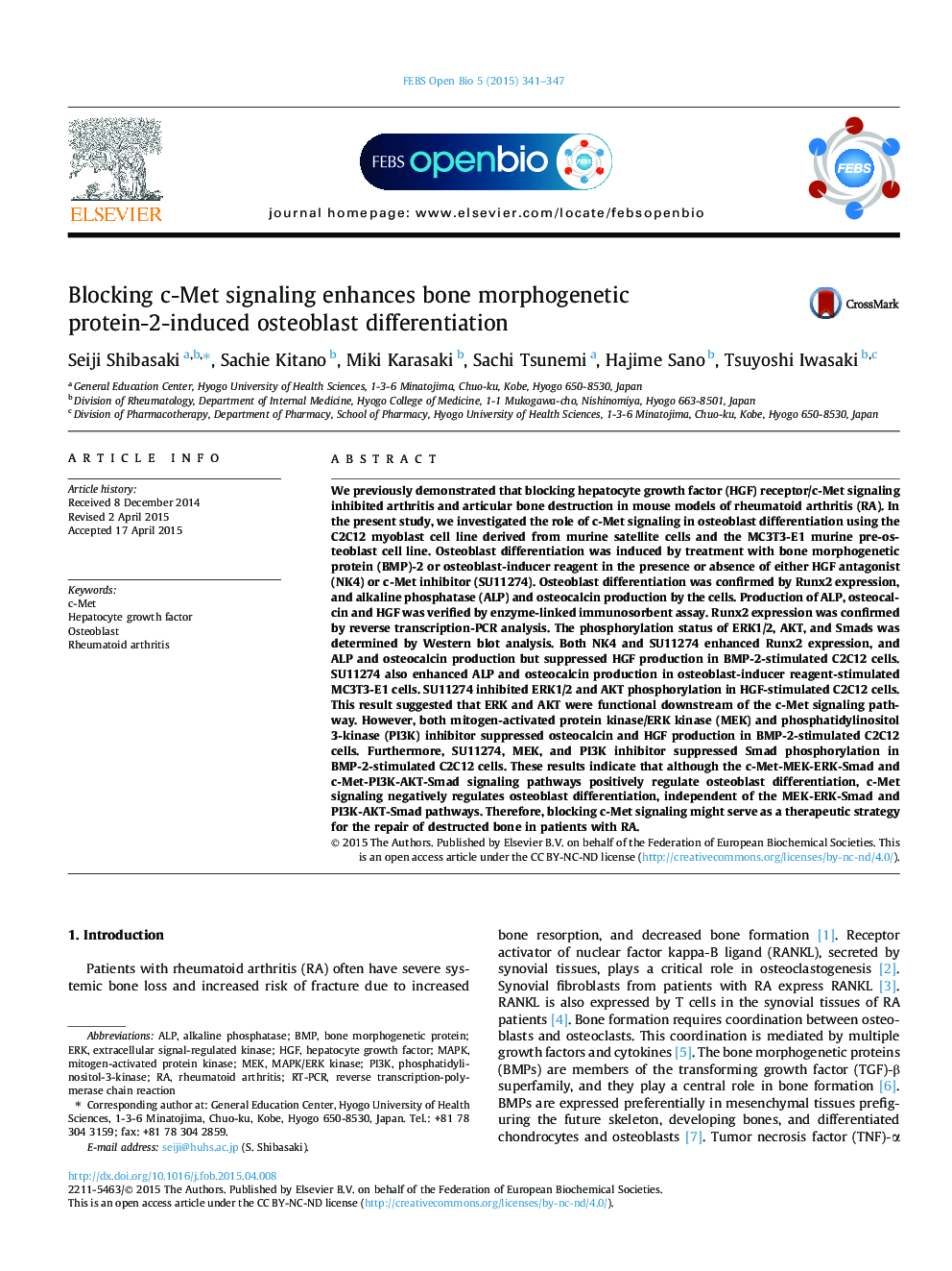 Blocking c-Met signaling enhances bone morphogenetic protein-2-induced osteoblast differentiation