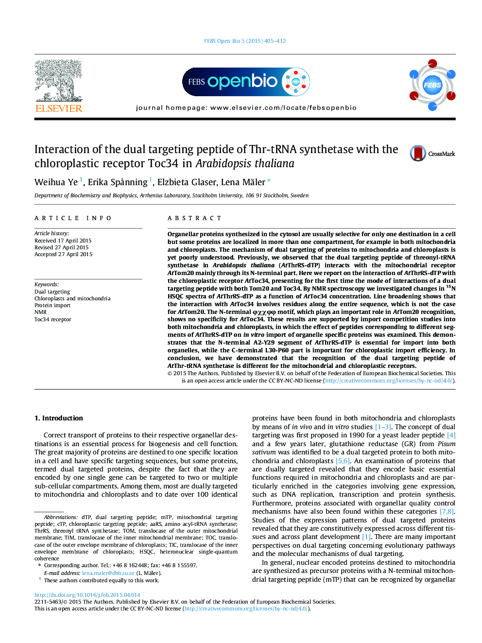 Interaction of the dual targeting peptide of Thr-tRNA synthetase with the chloroplastic receptor Toc34 in Arabidopsis thaliana