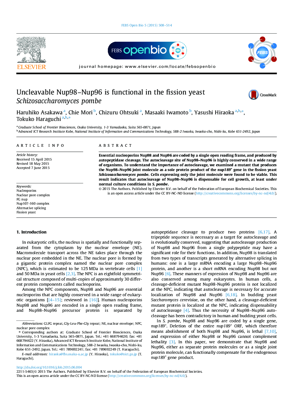 Uncleavable Nup98-Nup96 is functional in the fission yeast Schizosaccharomyces pombe