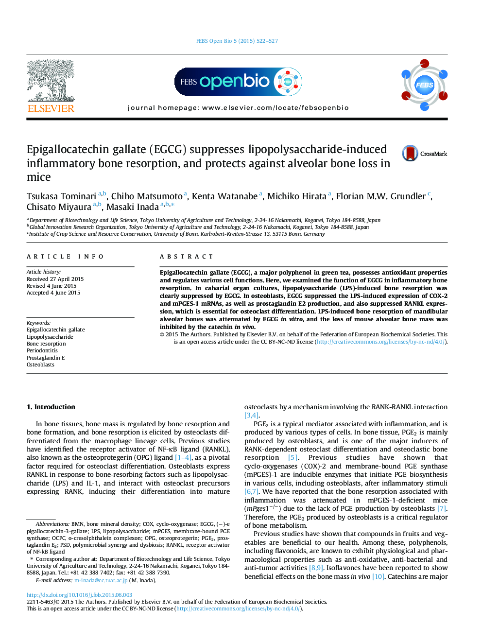 Epigallocatechin gallate (EGCG) suppresses lipopolysaccharide-induced inflammatory bone resorption, and protects against alveolar bone loss in mice