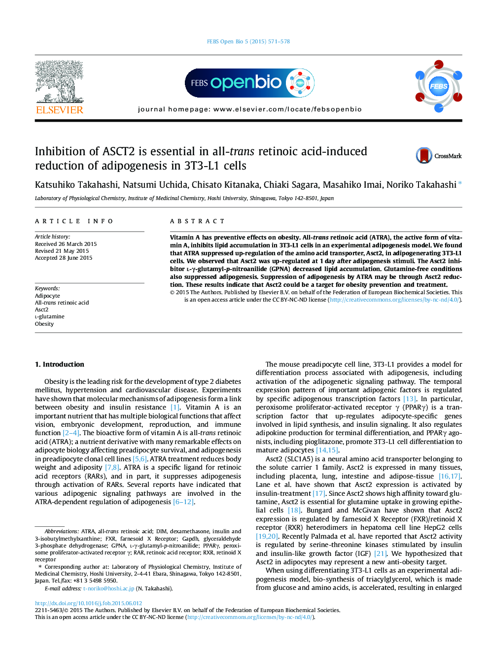 Inhibition of ASCT2 is essential in all-trans retinoic acid-induced reduction of adipogenesis in 3T3-L1 cells