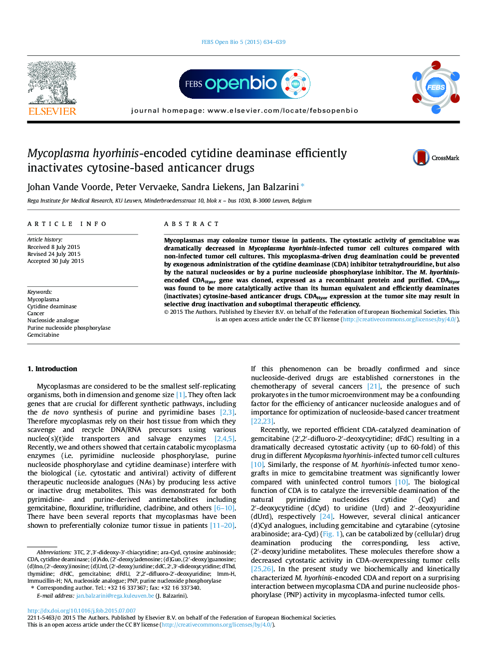 Mycoplasma hyorhinis-encoded cytidine deaminase efficiently inactivates cytosine-based anticancer drugs