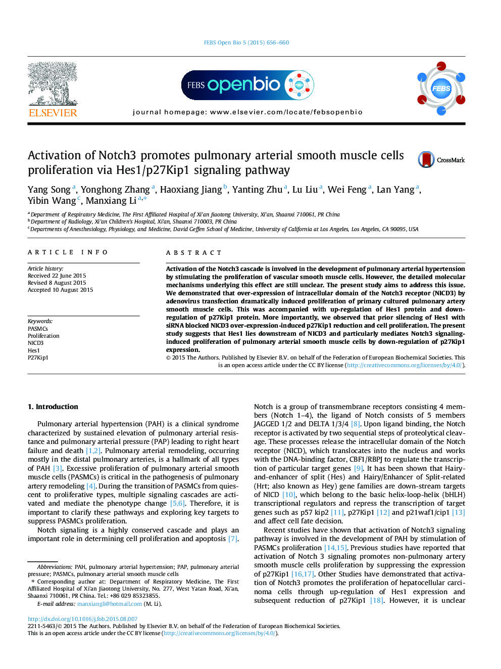 Activation of Notch3 promotes pulmonary arterial smooth muscle cells proliferation via Hes1/p27Kip1 signaling pathway