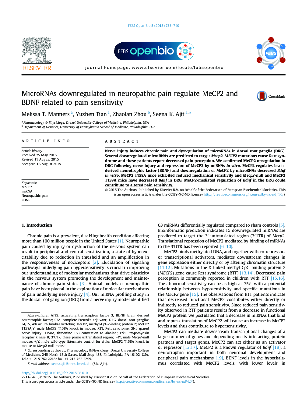 MicroRNAs downregulated in neuropathic pain regulate MeCP2 and BDNF related to pain sensitivity