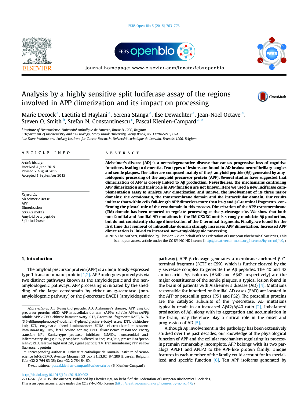 Analysis by a highly sensitive split luciferase assay of the regions involved in APP dimerization and its impact on processing