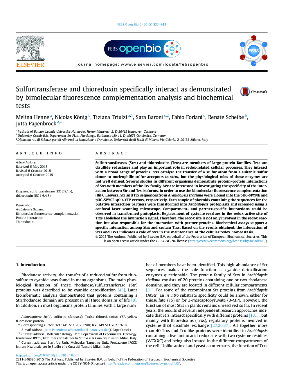 Sulfurtransferase and thioredoxin specifically interact as demonstrated by bimolecular fluorescence complementation analysis and biochemical tests