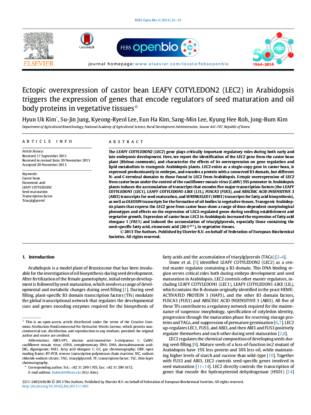 Ectopic overexpression of castor bean LEAFY COTYLEDON2 (LEC2) in Arabidopsis triggers the expression of genes that encode regulators of seed maturation and oil body proteins in vegetative tissues 