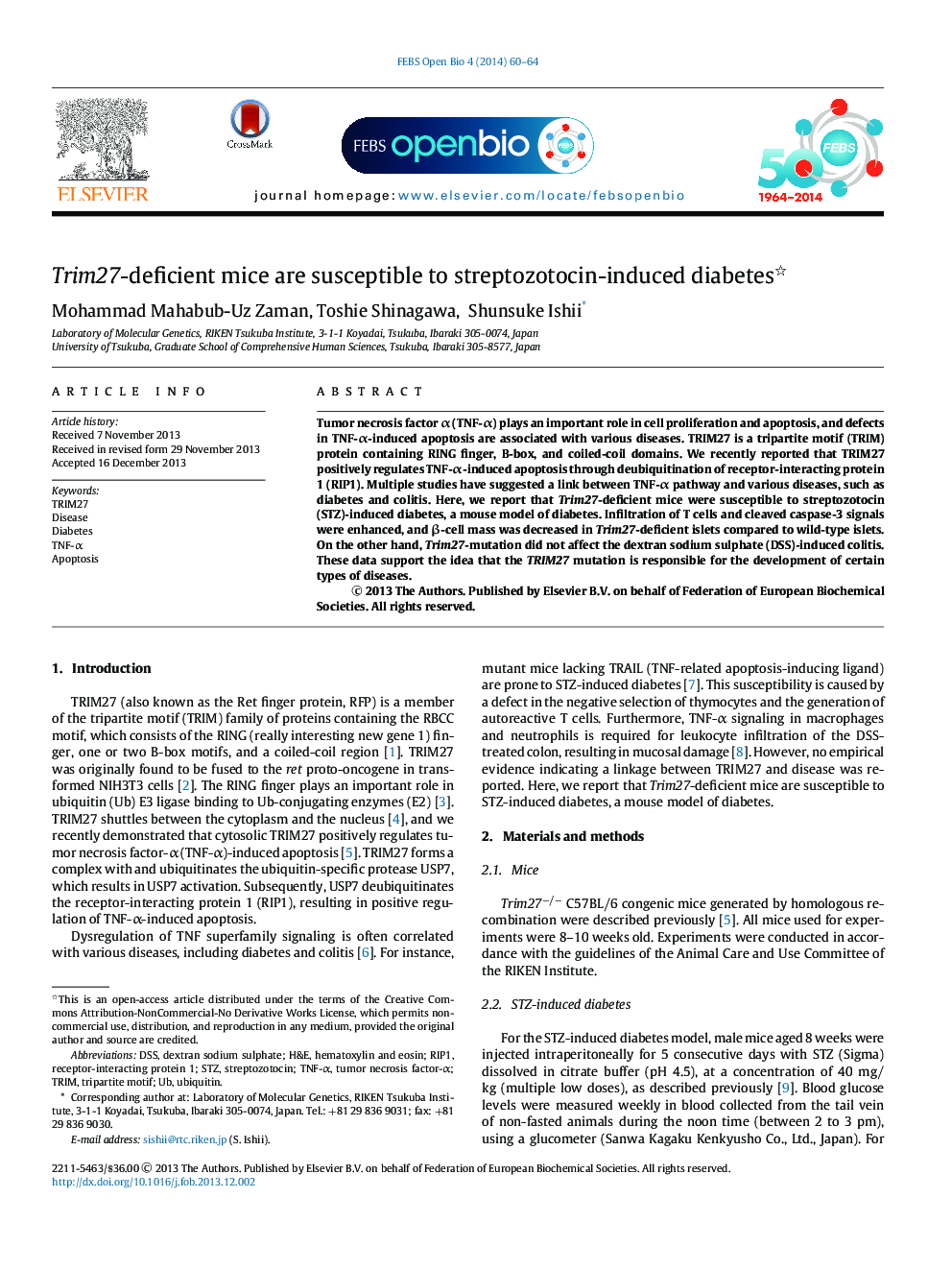 Trim27-deficient mice are susceptible to streptozotocin-induced diabetes 