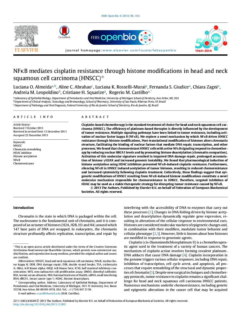 NFκB mediates cisplatin resistance through histone modifications in head and neck squamous cell carcinoma (HNSCC) 