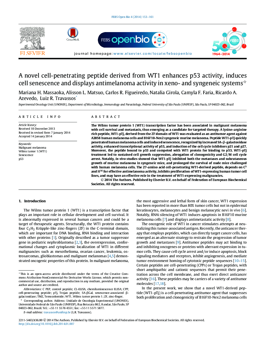 A novel cell-penetrating peptide derived from WT1 enhances p53 activity, induces cell senescence and displays antimelanoma activity in xeno- and syngeneic systems 