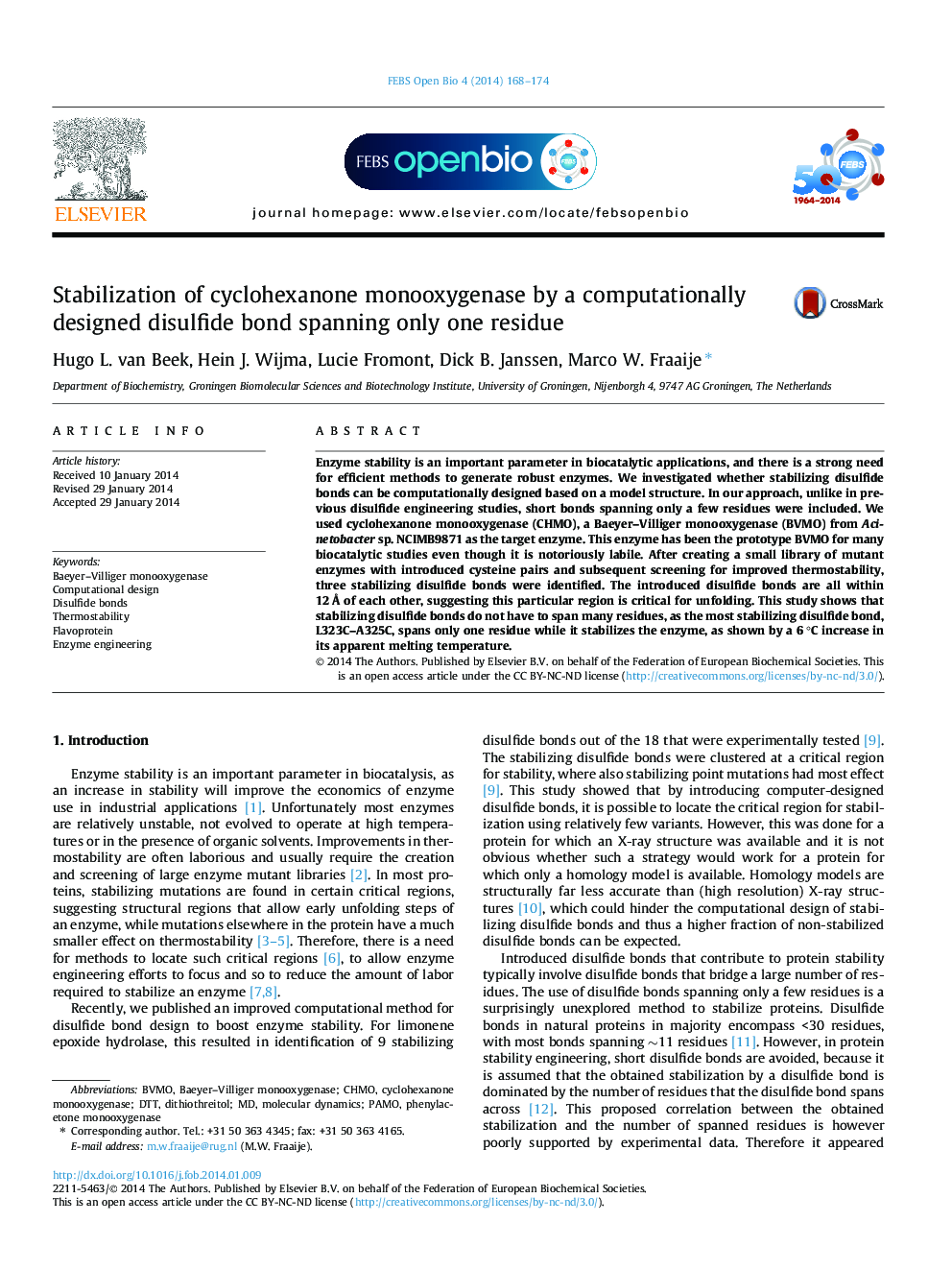 Stabilization of cyclohexanone monooxygenase by a computationally designed disulfide bond spanning only one residue