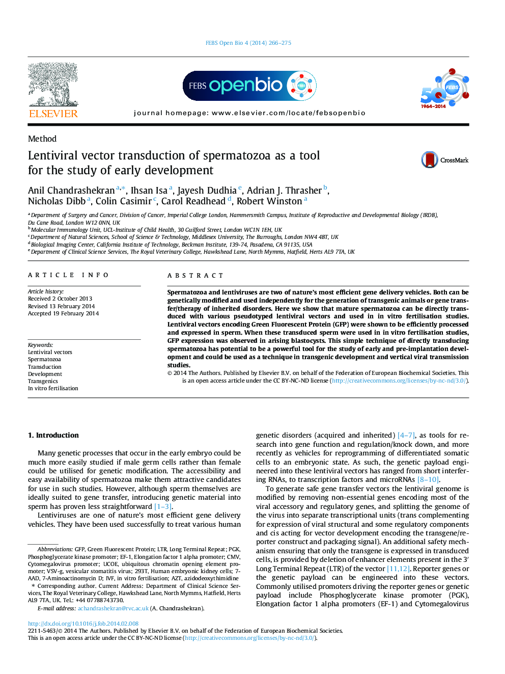 Lentiviral vector transduction of spermatozoa as a tool for the study of early development