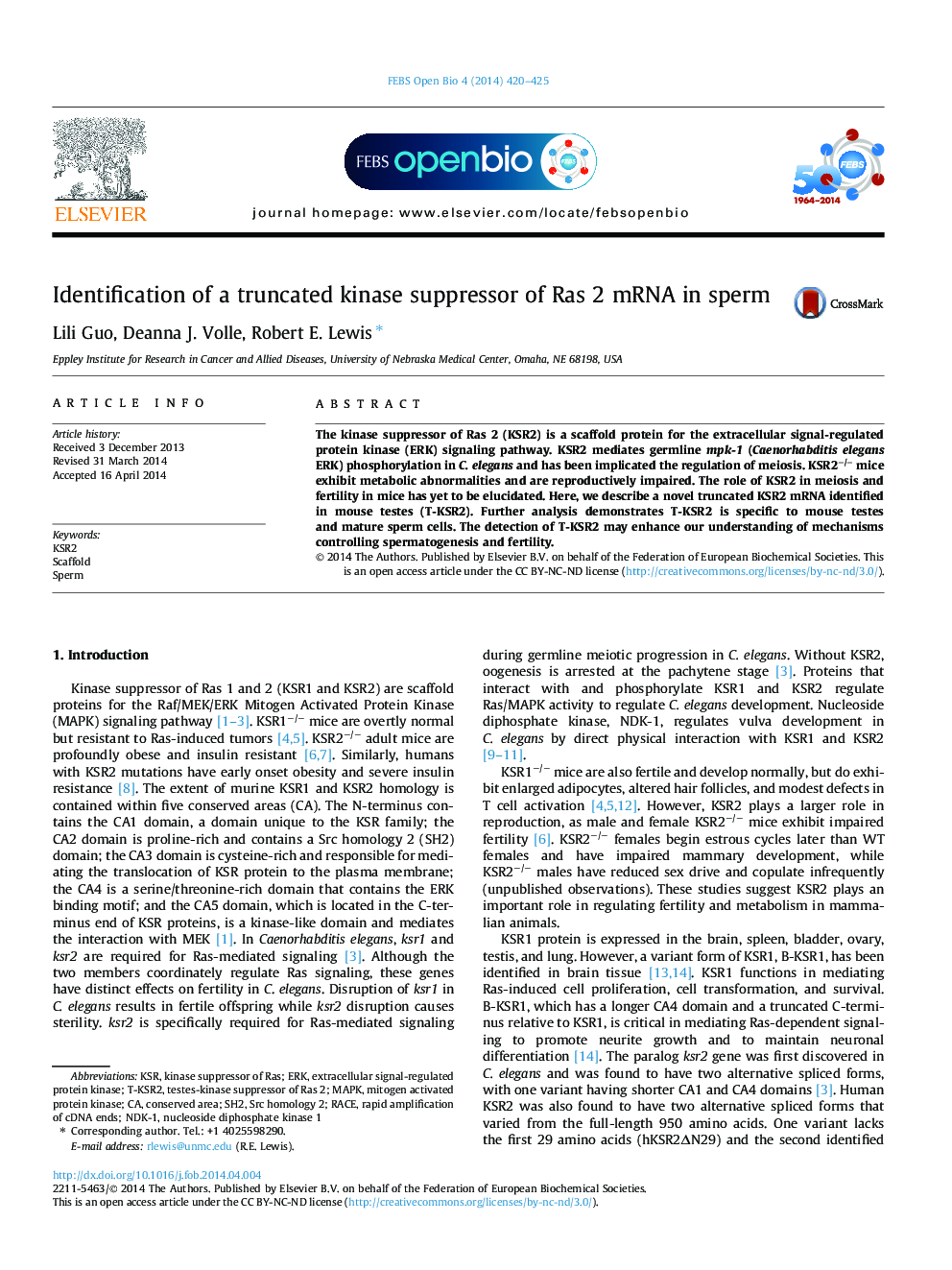 Identification of a truncated kinase suppressor of Ras 2 mRNA in sperm